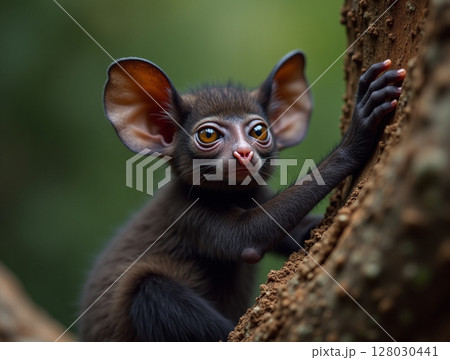 Madagascar Aye-Aye with Distinctive Finger and Textured Bark 128030441
