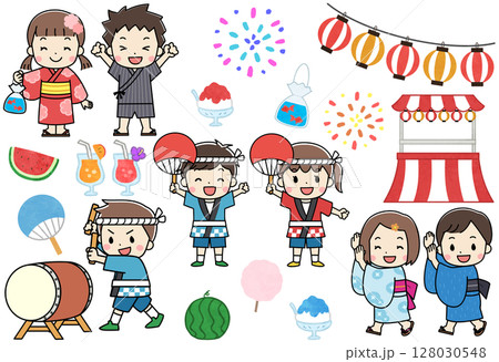 夏祭りを楽しむ浴衣と法被を着た子供たちのイラストセット 夏祭りを楽しむ浴衣と法被を着た子供たちのイラストセット 128030548