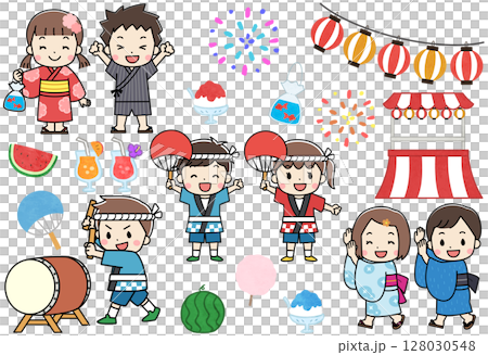 夏祭りを楽しむ浴衣と法被を着た子供たちのイラストセット 夏祭りを楽しむ浴衣と法被を着た子供たちのイラストセット 128030548