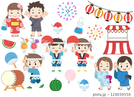 夏祭りを楽しむ浴衣と法被を着た子供たちのイラストセット 128030550