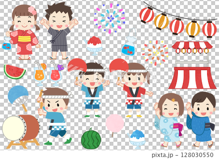 夏祭りを楽しむ浴衣と法被を着た子供たちのイラストセット 128030550