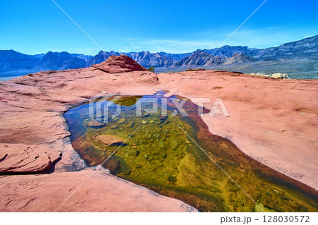 Red Rock Canyon Desert Pool with Mountains Midday Eye-Level View 128030572