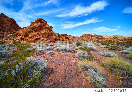 Red Rock Formations and Desert Terrain Under Blue Sky Eye Level View 128030574
