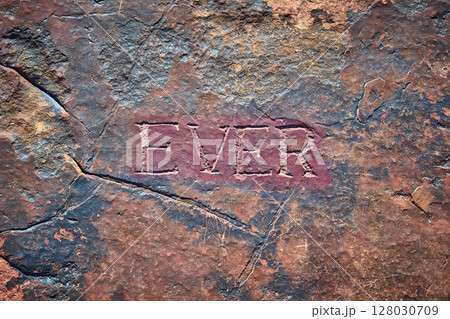 Endurance Carved in Weathered Stone Texture Eye-Level Perspective 128030709