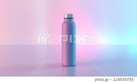 A sleek, modern stainless steel water bottle stands against a vibrant gradient backdrop. A sleek, modern stainless steel water bottle stands against a vibrant gradient backdrop. 128030785