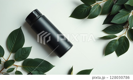 Stylish black tumbler with a lid elegantly placed on a clean white background alongside vibrant green leaves Stylish black tumbler with a lid elegantly placed on a clean white background alongside vibrant green leaves 128030786