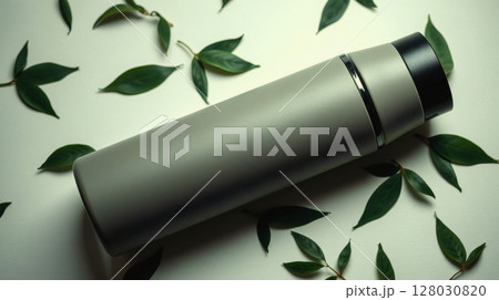 A green, cylindrical thermal flask with black cap, surrounded by fresh green leaves. 128030820