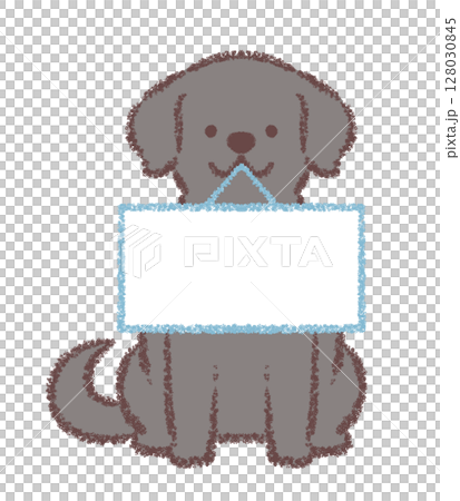 A black Labrador retriever sitting facing forward and holding a sign A black Labrador retriever sitting facing forward and holding a sign 128030845