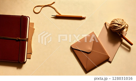 A still life composition featuring a leather journal, envelopes, pencil, and string on a beige surface. 128031016
