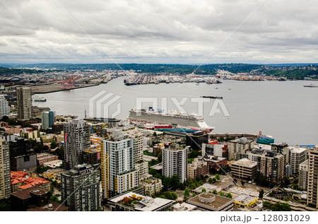 Aerial View of Seattle Waterfront with Cruise Ship Docked Cityscape Aerial View of Seattle Waterfront with Cruise Ship Docked Cityscape 128031029