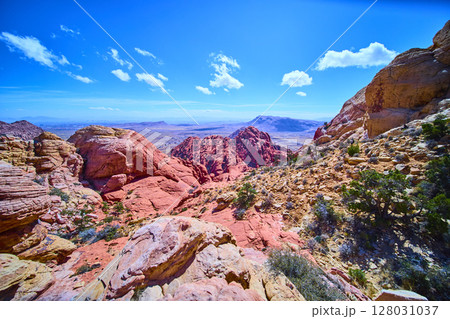Red Rock Canyon Sandstone Formations with Blue Sky at Eye Level Red Rock Canyon Sandstone Formations with Blue Sky at Eye Level 128031037