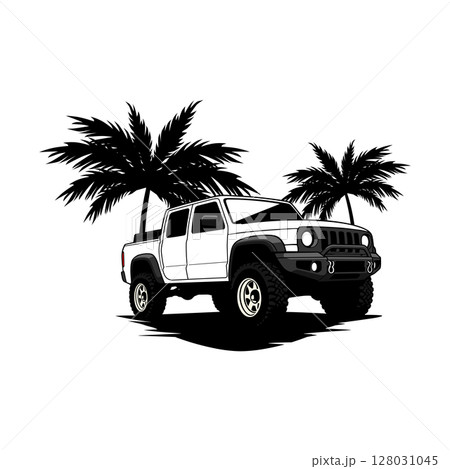 Black and white Off Road Car 4x4 Vehicle with palm trees on white background 128031045
