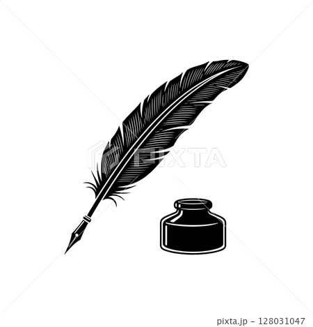 Vintage old quill pen with inkwell, classic stationery illustration isolated on white background 128031047