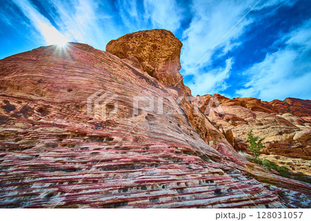 Red Rock Canyon Desert Layers and Sunburst Low Angle View 128031057
