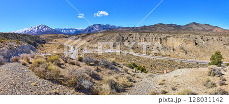 Desert Road and Snow-Capped Mountains Panoramic View 128031142