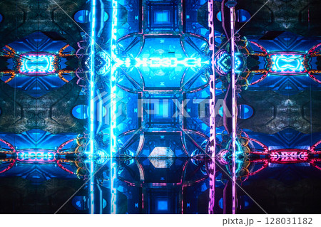 Neon Symmetry in Cyberpunk Cityscape with Reflective Depth Neon Symmetry in Cyberpunk Cityscape with Reflective Depth 128031182