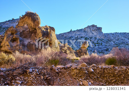 Rugged Rock Formations in Nevada Desert Eye-Level View Rugged Rock Formations in Nevada Desert Eye-Level View 128031341