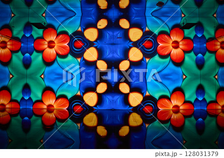 Kaleidoscopic Floral Patterns with Vivid Colors Eye-Level View 128031379
