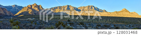 Red Rock Canyon Sandstone Peaks at Golden Hour Eye-Level Panorama Red Rock Canyon Sandstone Peaks at Golden Hour Eye-Level Panorama 128031468