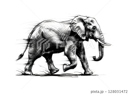 Black and white sketch of a running elephant with dynamic lines. Wildlife Animals. 128031472