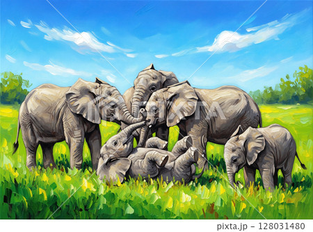 Impressionistic painting of an elephant family playing in a vibrant green meadow. Wildlife Animals. 128031480