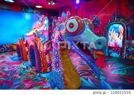 Psychedelic Fantasy Creatures in Immersive Art Exhibit Eye-Level View 128031559