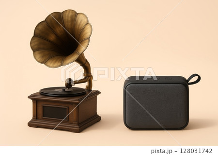 Gramophone and wireless speaker sound technology contrast 128031742