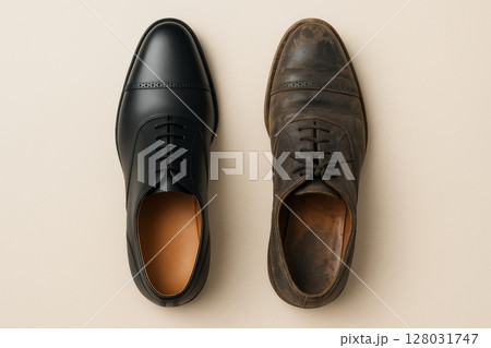 Shiny new dress shoe versus worn out old shoe Shiny new dress shoe versus worn out old shoe 128031747