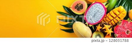 Vibrant Tropical Fruit Arrangement with Exotic Colors on Bright Background 128031788