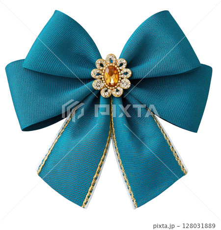 Elegant turquoise ribbon bow with sparkling gemstone center for creative projects and upscale decorations 128031889
