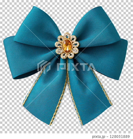 Elegant turquoise ribbon bow with sparkling gemstone center for creative projects and upscale decorations 128031889