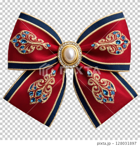 Elegant Red Bow with Gemstone Accents and Pearl Centerpiece for Fashion and Decorative Use 128031897
