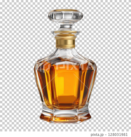 Elegant Glass Decanter Filled with Amber Liquid, Capturing Luxury and Sophistication for Home Bar Decor Elegant Glass Decanter Filled with Amber Liquid, Capturing Luxury and Sophistication for Home Bar Decor 128031981