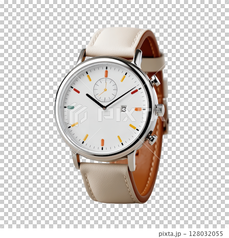Elegant Smart Watch with Minimalist Design and Colorful Markers on White Dial for Modern Fashion Accessories 128032055