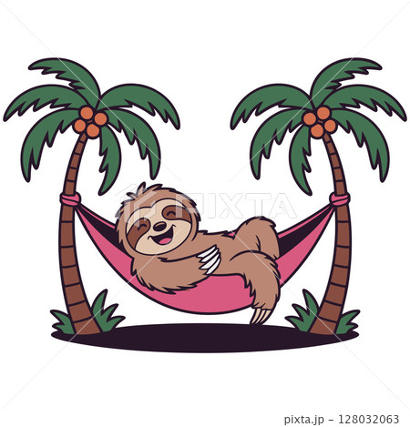 Cute Sloth Relaxing in Hammock Between Palm Trees Cartoon Illustration Cute Sloth Relaxing in Hammock Between Palm Trees Cartoon Illustration 128032063