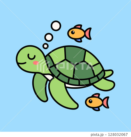 Cute Sea Turtle Swimming with Fish Cartoon Illustration Cute Sea Turtle Swimming with Fish Cartoon Illustration 128032067