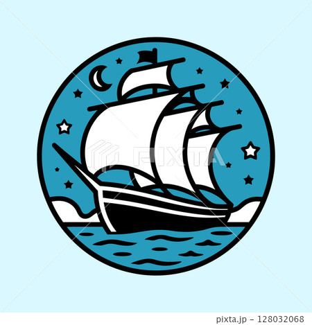Vintage Sailing Ship at Night Vector Illustration Vintage Sailing Ship at Night Vector Illustration 128032068