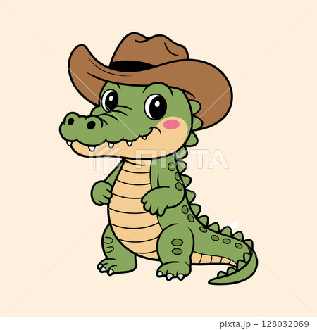 Cute Cartoon Crocodile Wearing Cowboy Hat Illustration 128032069