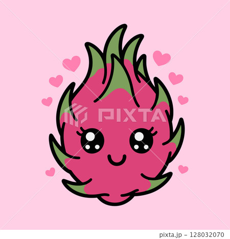 Cute Kawaii Dragon Fruit Illustration with Hearts Cute Kawaii Dragon Fruit Illustration with Hearts 128032070