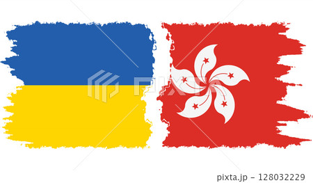 Hong Kong and Ukraine grunge flags connection vector 128032229