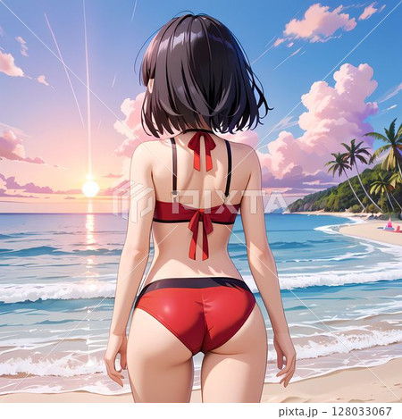 ビーチにいる赤い水着の女性の後ろ姿 128033067