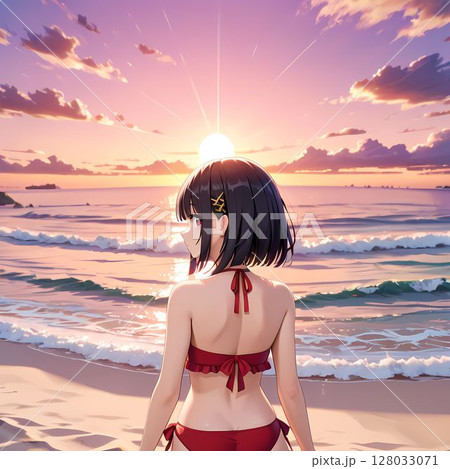夕焼けの海と水着の若い女性のイラスト素材 [128033071] - PIXTA