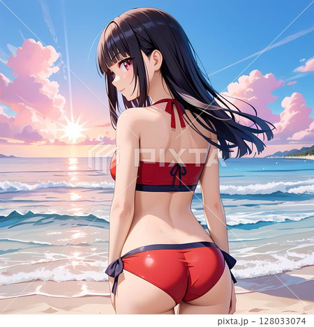 アニメ風 赤い水着のイラスト ビーチにいる水着の若い女性のイラスト素材 [128033074] - PIXTA