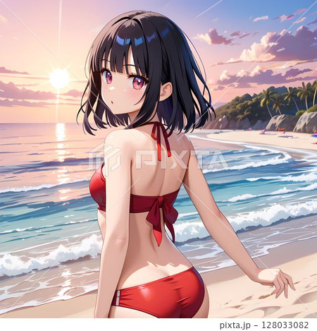 ビーチにいる水着の美女のイラスト素材 [128033082] - PIXTA