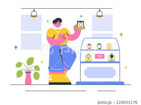 Watches Store Vector Illustration with of Stylish Wristwatch Collection, Featuring Various Analog and Digital Models in a Flat Style Background 128033176