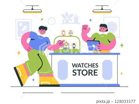 Watches Store Vector Illustration with of Stylish Wristwatch Collection, Featuring Various Analog and Digital Models in a Flat Style Background Watches Store Vector Illustration with of Stylish Wristwatch Collection, Featuring Various Analog and Digital Models in a Flat Style Background 128033177