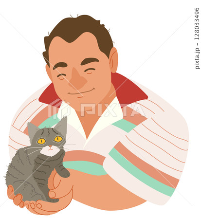 Young smile man holding a small cat in his palms Young smile man holding a small cat in his palms 128033496