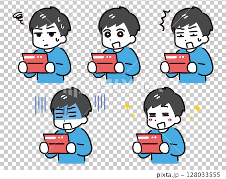 Set of facial expressions of a young man looking at his bankbook Set of facial expressions of a young man looking at his bankbook 128033555