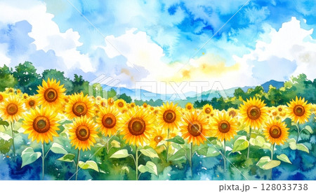 Bright yellow sunflowers bloom under a blue summer sky in a vast field, capturing the essence of nature's beauty Bright yellow sunflowers bloom under a blue summer sky in a vast field, capturing the essence of nature's beauty 128033738