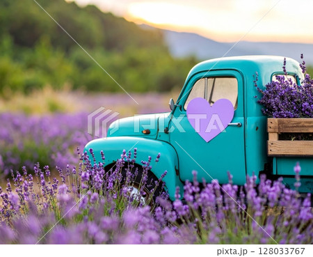 Vintage mint pickup truck abandoned in a lavender field under a vast sky Vintage mint pickup truck abandoned in a lavender field under a vast sky 128033767